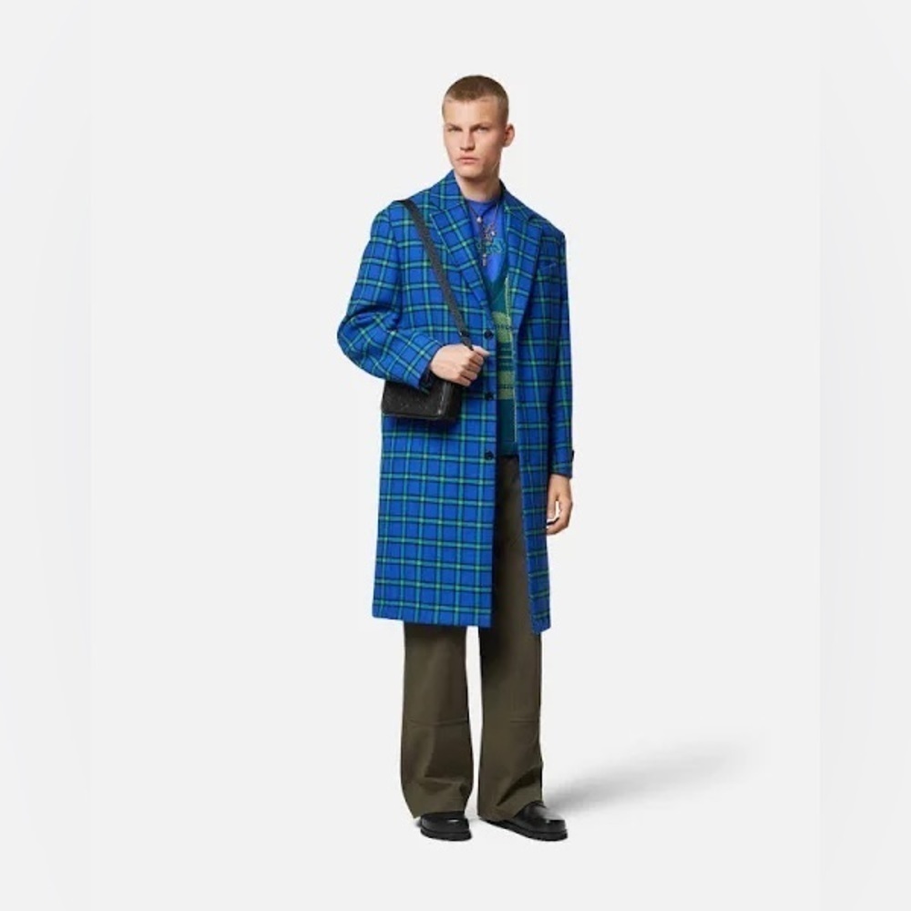 VERSACE Plaid Wool Coat Blue Green Tartan Overcoat Statement - Picture 2 of 3